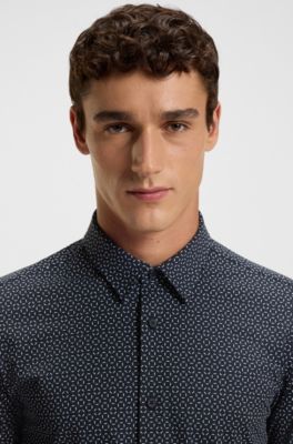 Camisa slim fit en punto t&eacute;cnico el&aacute;stico estampado hecho en Italia, Azul oscuro
