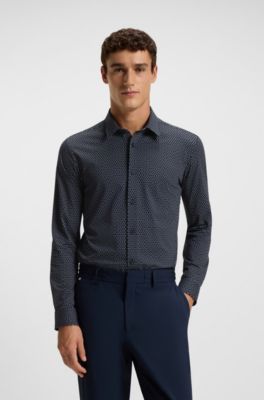 Camisa slim fit en punto t&eacute;cnico el&aacute;stico estampado hecho en Italia, Azul oscuro