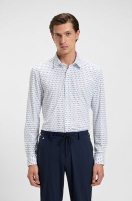 Printed slim-fit shirt in Italian performance-stretch jersey, Light Blue