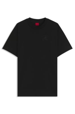 Camiseta relaxed fit de punto de algod&oacute;n con monograma bordado, Negro