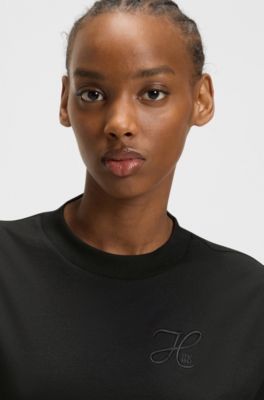 Camiseta relaxed fit de punto de algod&oacute;n con monograma bordado, Negro
