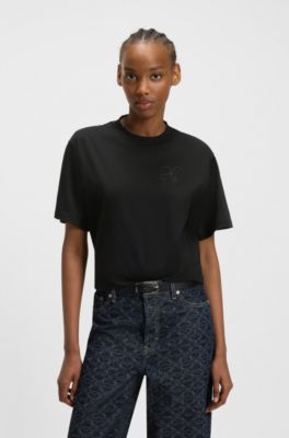 Camiseta relaxed fit de punto de algod&oacute;n con monograma bordado, Negro