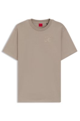 Camiseta relaxed fit de punto de algod&oacute;n con monograma bordado, Beige claro
