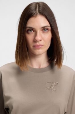 Camiseta relaxed fit de punto de algod&oacute;n con monograma bordado, Beige claro
