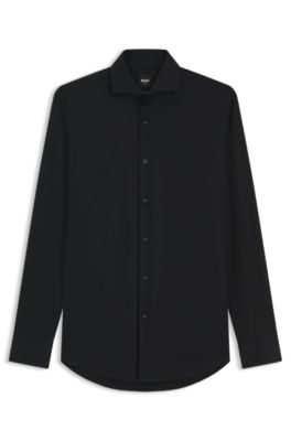Camisa slim fit de sarga de algod&oacute;n resistente a las arrugas, Negro