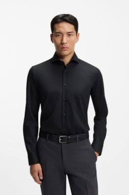 Camisa slim fit de sarga de algod&oacute;n resistente a las arrugas, Negro