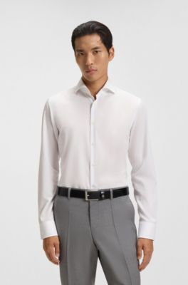 Camisa slim fit de sarga de algod&oacute;n resistente a las arrugas, Blanco