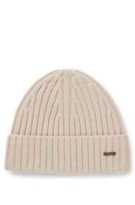 Cashmere beanie hat with ribbing, Light Beige