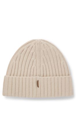 Cashmere beanie hat with ribbing, Light Beige