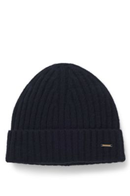 Cashmere beanie hat with ribbing, Dark Blue