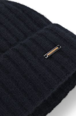 Cashmere beanie hat with ribbing, Dark Blue