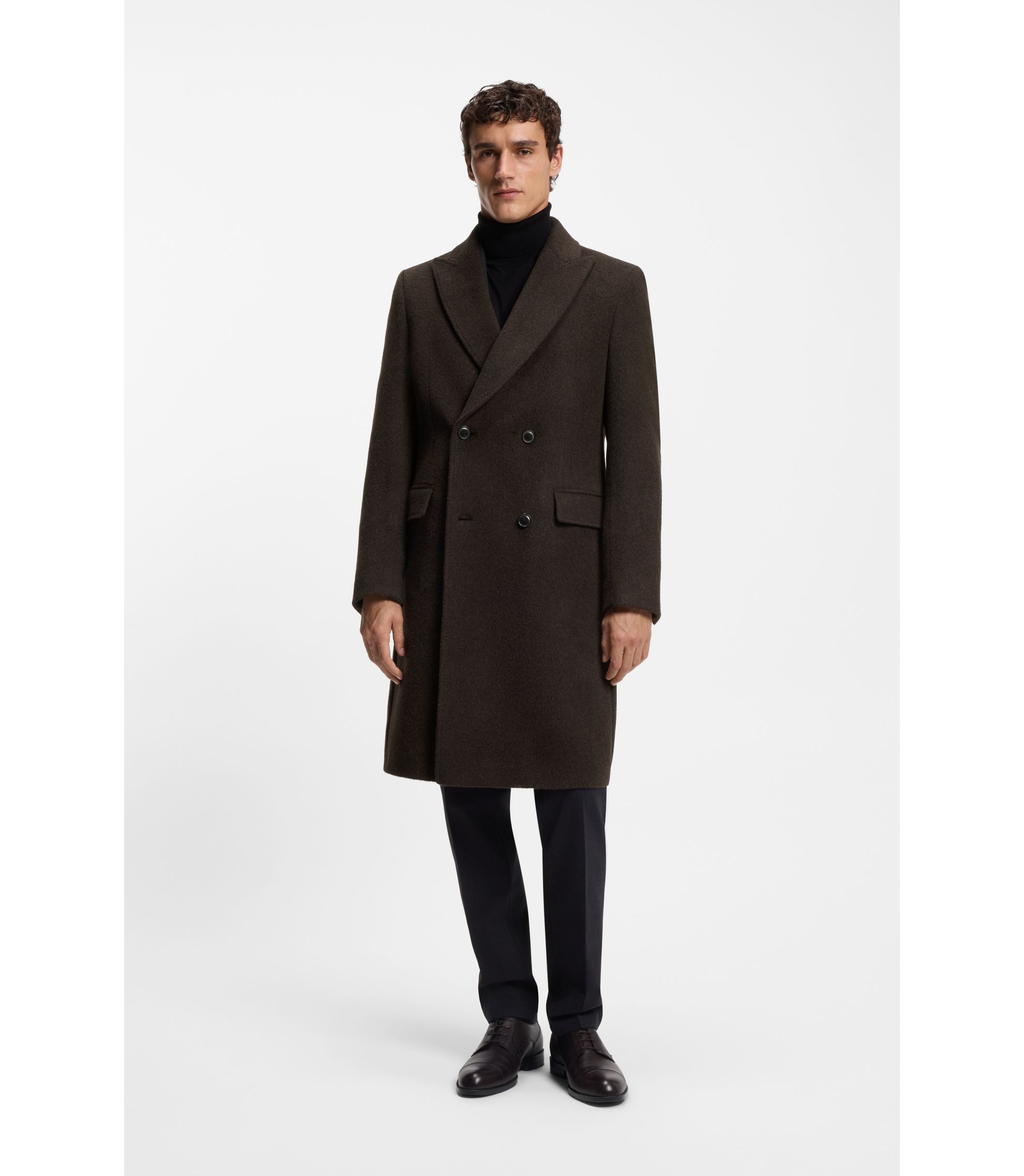 BOSS - Alpaca-blend coat with double-breasted front - Dark Brown