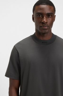 T-shirt Relaxed en coton stretch avec col logot&eacute;, Gris sombre