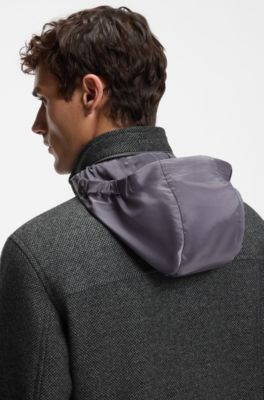 Manteau Relaxed en laine m&eacute;lang&eacute;e avec capuche pliable, Gris