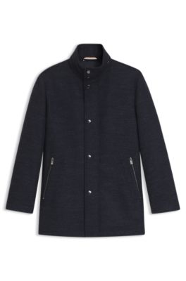 Manteau Relaxed en laine m&eacute;lang&eacute;e avec capuche pliable, Bleu fonc&eacute;