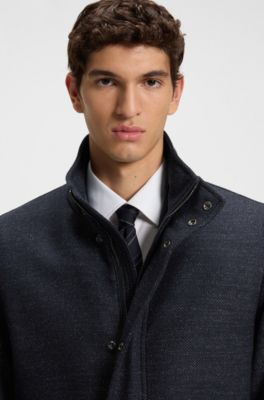 Manteau Relaxed en laine m&eacute;lang&eacute;e avec capuche pliable, Bleu fonc&eacute;