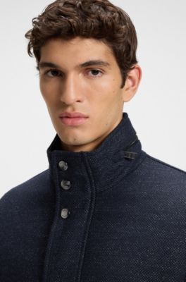 Manteau Relaxed en laine m&eacute;lang&eacute;e avec capuche pliable, Bleu fonc&eacute;