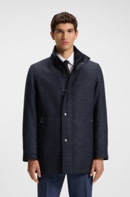 Manteau Relaxed en laine m&eacute;lang&eacute;e avec capuche pliable, Bleu fonc&eacute;