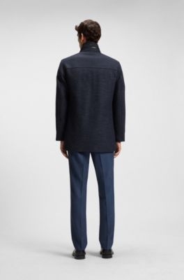 Manteau Relaxed en laine m&eacute;lang&eacute;e avec capuche pliable, Bleu fonc&eacute;
