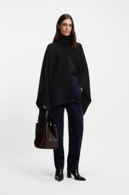 Rollneck poncho in a wool blend, Black