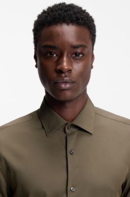 Camisa slim fit de sarga el&aacute;stica, Gris