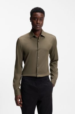Camisa slim fit de sarga el&aacute;stica, Gris