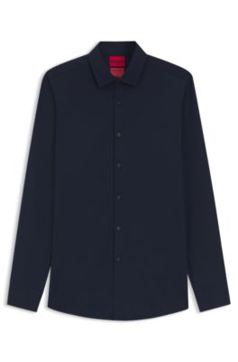 Camisa slim fit de sarga el&aacute;stica, Azul oscuro