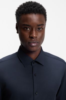 Camisa slim fit de sarga el&aacute;stica, Azul oscuro