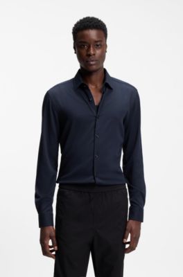 Camisa slim fit de sarga el&aacute;stica, Azul oscuro