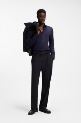 Camisa slim fit de sarga el&aacute;stica, Azul oscuro