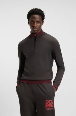 HUGO x RB contrast-stripe sweater with zip neck, Dark Brown