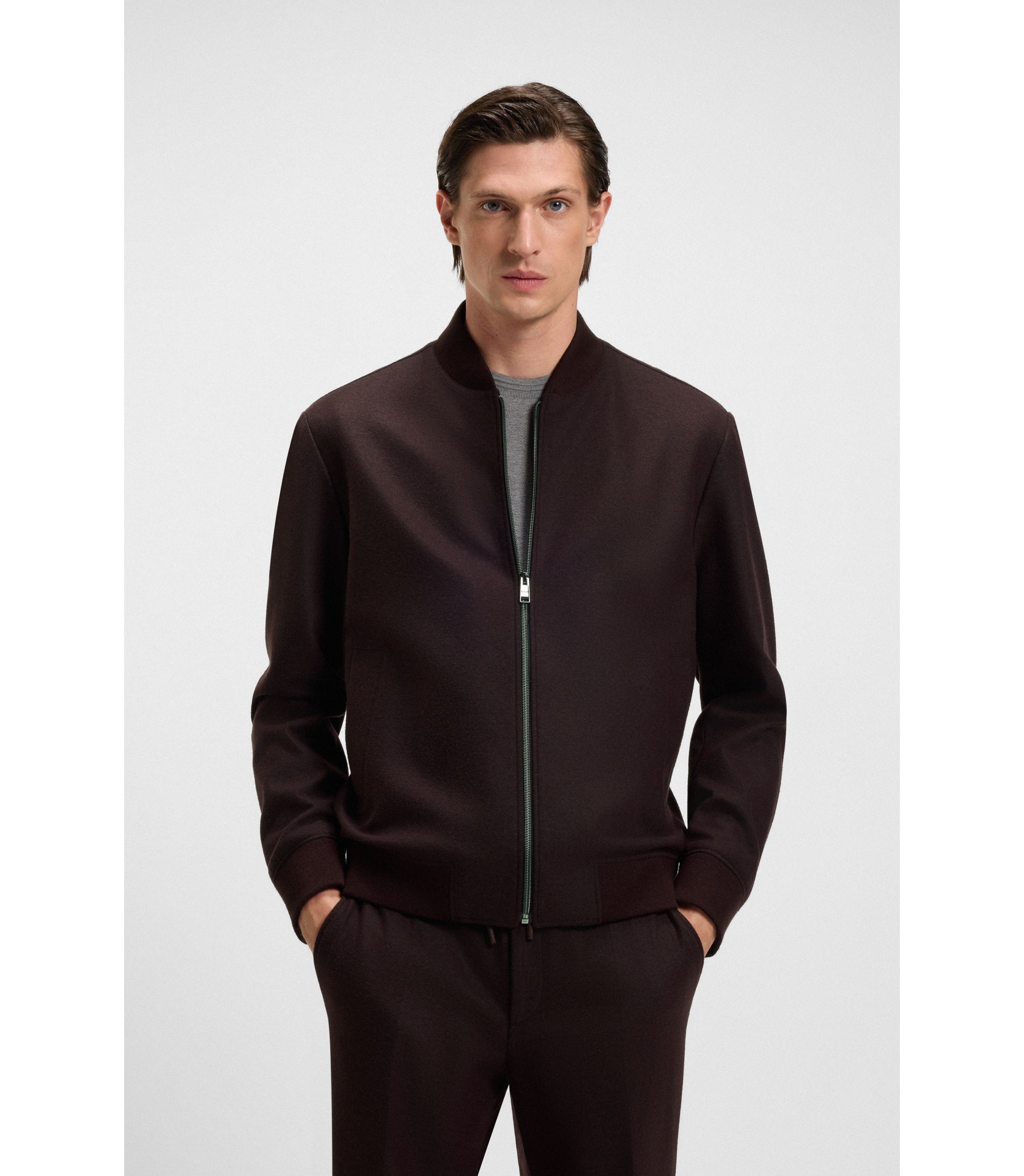 BOSS - Brushed slim-fit jacket in stretch flannel - Dark Red