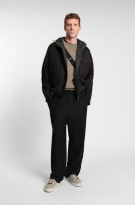 Pantalon Tapered en laine m&eacute;lang&eacute;e, Noir