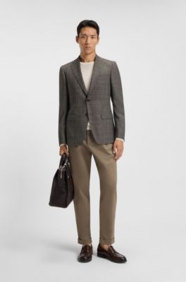 Blazer slim fit de lana virgen a cuadros, Marr&oacute;n oscuro