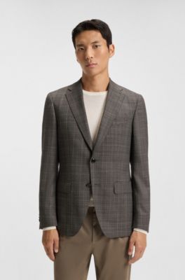 Blazer slim fit de lana virgen a cuadros, Marr&oacute;n oscuro