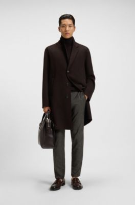 Micro-patterned slim-fit trousers in virgin wool, Dark Brown