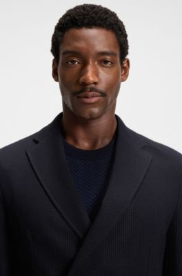 Micro-patterned slim-fit jacket in stretch wool, Dark Blue