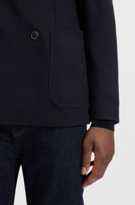 Micro-patterned slim-fit jacket in stretch wool, Dark Blue
