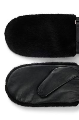 Leather mittens with faux-fur trim, Black
