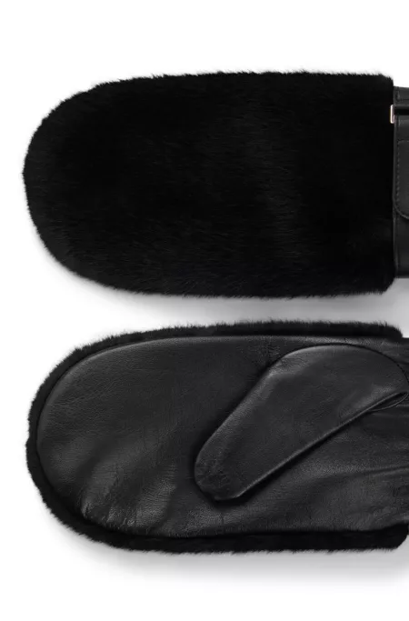 Leather mittens with faux-fur trim