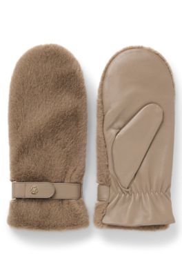 Leather mittens with faux-fur trim, Light Brown