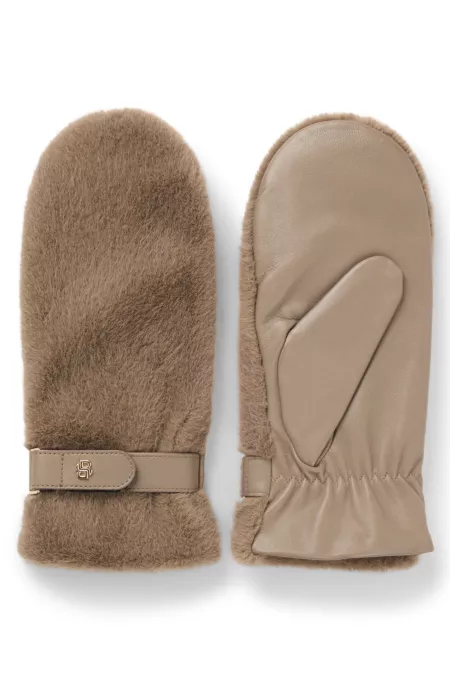 Leather mittens with faux-fur trim