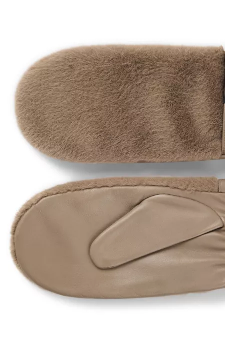 Leather mittens with faux-fur trim
