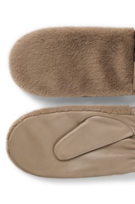 Moufles en cuir avec finitions en fourrure synth&eacute;tique, Brun chin&eacute;