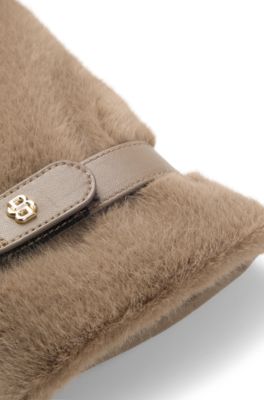 Leather mittens with faux-fur trim, Light Brown