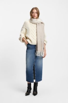 Oversized brushed scarf with chunky fringe, Light Beige