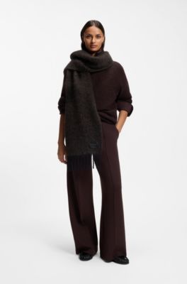 Italian-made fringed scarf with wool and alpaca, Dark Grey