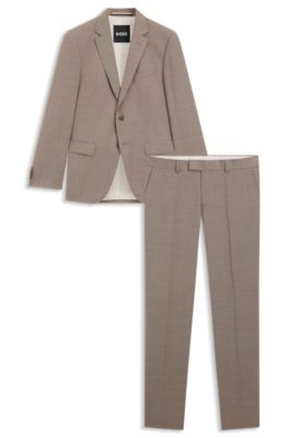 Traje slim fit de dos piezas en lana con microestampado, Beige claro