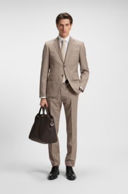 Traje slim fit de dos piezas en lana con microestampado, Beige claro