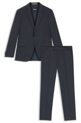 Micro-patterned two-piece slim-fit suit in virgin wool, Dark Blue